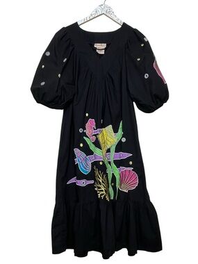 Vintage 70s Ramona Rull Dress Caftan Muumuu Sea Life Mirror Shisha Puff Sleeves